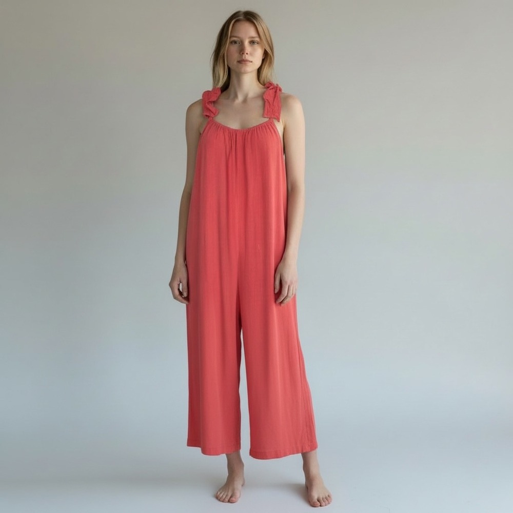 KIRUNDO Jumpsuit Womens Small Coral NEW Cotton Linen Wide Leg Ruffle Tie Back